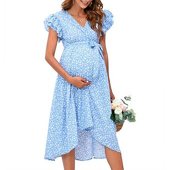 Women's V-Neck Maternity Wrap Dress Short Sleeve Hi Low Midi Casual Tie Dress