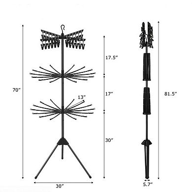 Foldable Tripod Clothes Drying Rack with 3 Tier Design 24 Clips 32 Rods