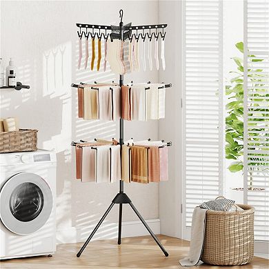 Foldable Tripod Clothes Drying Rack with 3 Tier Design 24 Clips 32 Rods