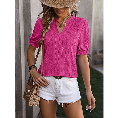 Women's V-Neck Knit Top Puff Sleeve Blouse Textured Casual Shirt