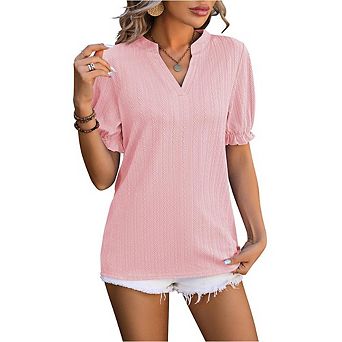 Women's V-Neck Knit Top Puff Sleeve Blouse Textured Casual Shirt