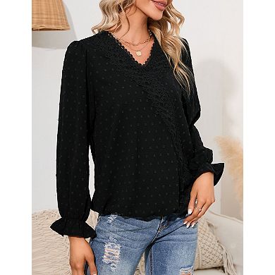 Women's Elegant Blouse V-Neck Long Sleeve with Lace Detail