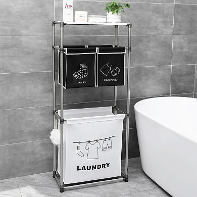 3 Tier Laundry Sorter with 3 Removable Bags Rolling Hamper with Hooks and Shelves