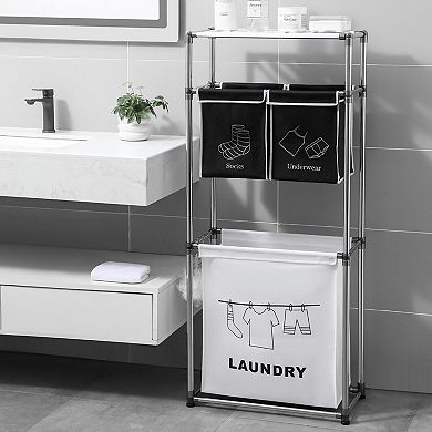 3 Tier Laundry Sorter with 3 Removable Bags Rolling Hamper with Hooks and Shelves