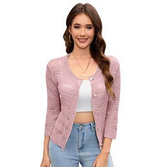 Women's Cropped Crochet Knit Cardigan 3/4 Sleeve Button Up Casual Lightweight Sweater Shrug