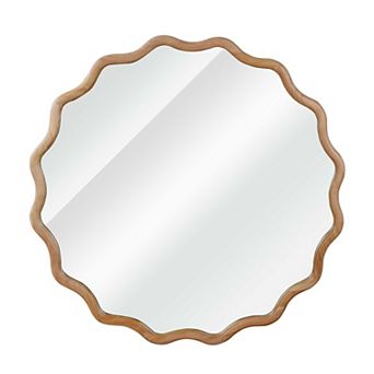 Wavy Round Solid Wood Frame Wall Mirror with Clear Glass