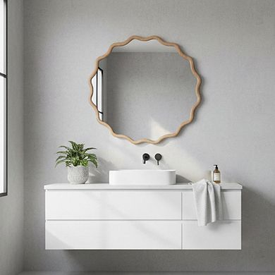 Wavy Round Solid Wood Frame Wall Mirror with Clear Glass