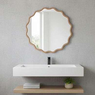 Wavy Round Solid Wood Frame Wall Mirror with Clear Glass