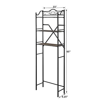 Metal Freestanding Over The Toilet Storage Rack With Three Wooden Shelves