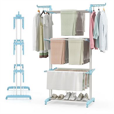 Four Tier Foldable Clothes Drying Rack with Wheels Heavy Duty Metal Indoor Outdoor