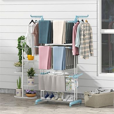 Four Tier Foldable Clothes Drying Rack with Wheels Heavy Duty Metal Indoor Outdoor