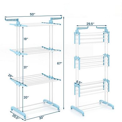 Four Tier Foldable Clothes Drying Rack with Wheels Heavy Duty Metal Indoor Outdoor