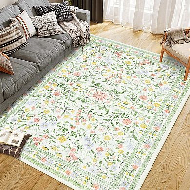 Modern Spring Floral Low Pile Area Rugs Indoor Durable Non Slip