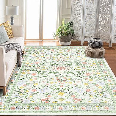 Modern Spring Floral Low Pile Area Rugs Indoor Durable Non Slip