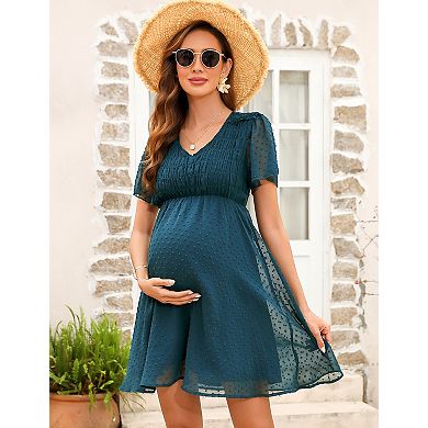 Women's Maternity Dress Short Sleeve Polka Dot V-Neck with Lining Breathable