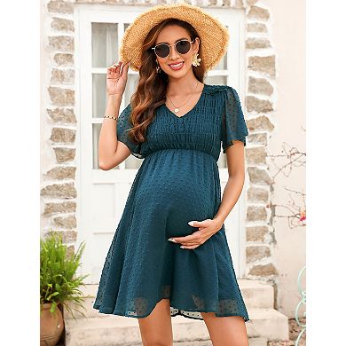 Women's Maternity Dress Short Sleeve Polka Dot V-Neck with Lining Breathable
