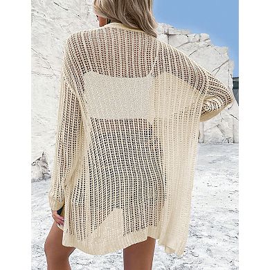 Womens Summer Crochet Cardigan Lightweight Long Sleeve Open Front Boho Knit Cover Ups