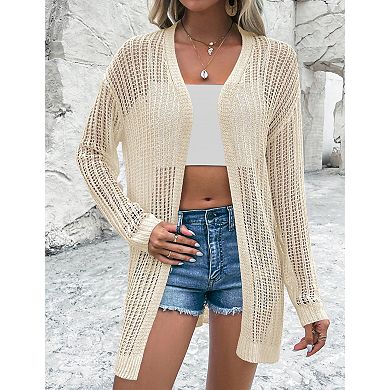 Womens Summer Crochet Cardigan Lightweight Long Sleeve Open Front Boho Knit Cover Ups