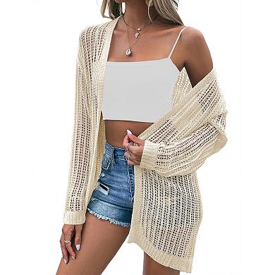 Womens Summer Crochet Cardigan Lightweight Long Sleeve Open Front Boho Knit Cover Ups