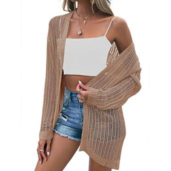 Womens Summer Crochet Cardigan Lightweight Long Sleeve Open Front Boho Knit Cover Ups