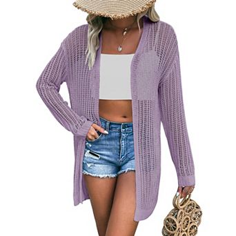 Womens Summer Crochet Cardigan Lightweight Long Sleeve Open Front Boho Knit Cover Ups