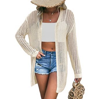 Womens Summer Crochet Cardigan Lightweight Long Sleeve Open Front Boho Knit Cover Ups
