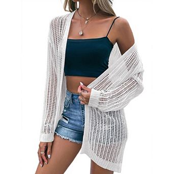 Womens Summer Crochet Cardigan Lightweight Long Sleeve Open Front Boho Knit Cover Ups