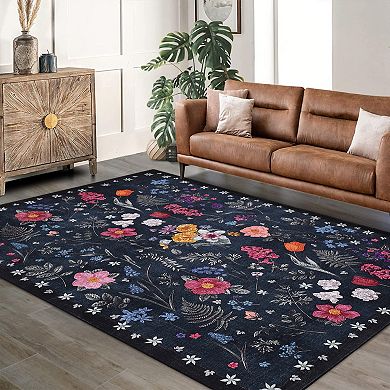 Modern Flower Grass Pattern Area Rugs Low Pile Stain Resistant Indoor Carpet