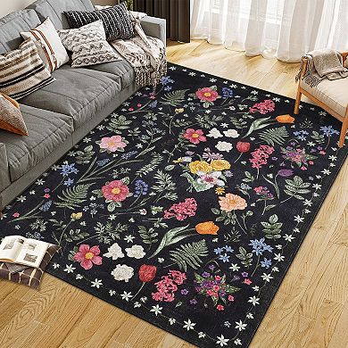 Modern Flower Grass Pattern Area Rugs Low Pile Stain Resistant Indoor Carpet