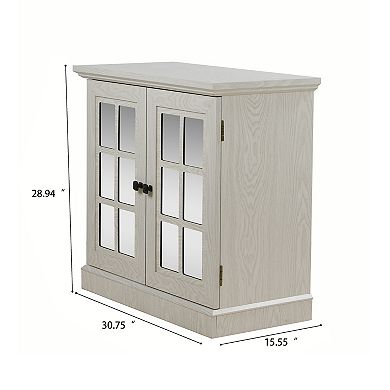 Wood Storage Sideboard Cabinet with 2 Decorative Acrylic Mirrored Doors, Adjustable Shelf, White