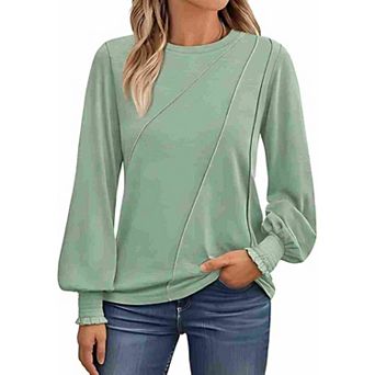 Casual Loose Long Sleeve Blouse for Women Crew Neck Ruffled Cuff Top for Office Daily