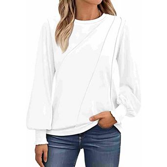 Casual Loose Long Sleeve Blouse for Women Crew Neck Ruffled Cuff Top for Office Daily