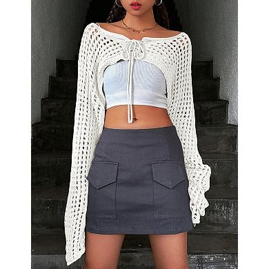Women's Crochet Cardigan Tie Front Boho Bell Long Sleeve Lightweight Cover Up