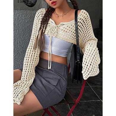 Women's Crochet Cardigan Tie Front Boho Bell Long Sleeve Lightweight Cover Up