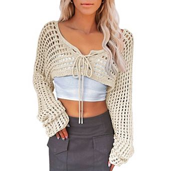 Women's Crochet Cardigan Tie Front Boho Bell Long Sleeve Lightweight Cover Up
