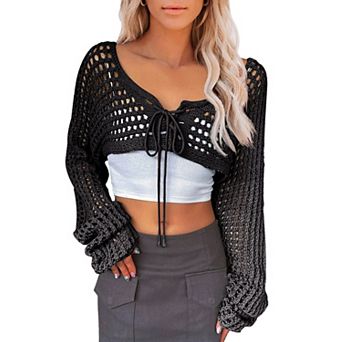 Women's Crochet Cardigan Tie Front Boho Bell Long Sleeve Lightweight Cover Up