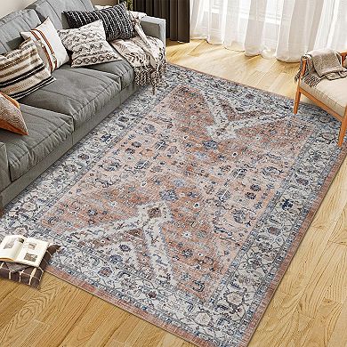 Vintage Floral Geometric Area Rugs Low Pile Stain Resistant Indoor Mat
