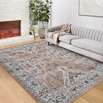Vintage Floral Geometric Area Rugs Low Pile Stain Resistant Indoor Mat