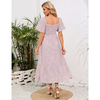 Women's Square Neck Boho Floral Short Sleeve Casual Dress