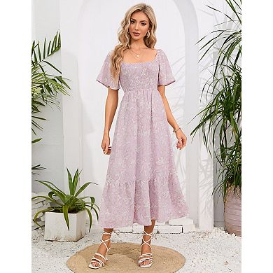 Women's Square Neck Boho Floral Short Sleeve Casual Dress