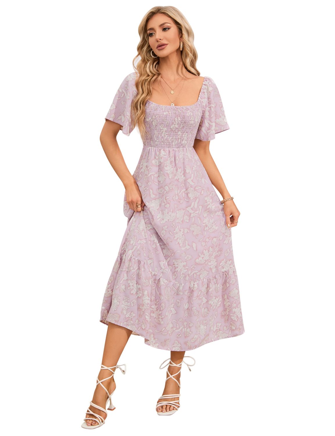Женские платья Square Neck Boho Floral Short Sleeve Casual Dress