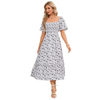 Women's Square Neck Boho Floral Short Sleeve Casual Dress