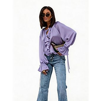 Satin Blouse for Women Ruffled V Neck Tie Cuff Bell Sleeves Elegant Casual Commute Tops