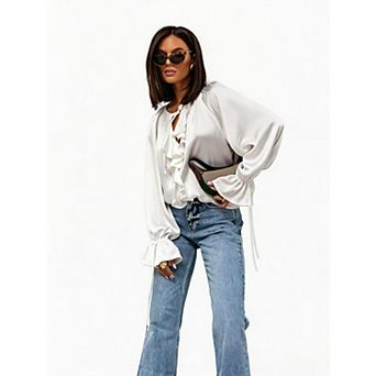 Satin Blouse for Women Ruffled V Neck Tie Cuff Bell Sleeves Elegant Casual Commute Tops