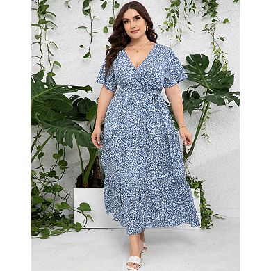 Women's Plus Size Maxi Dress Ruffle Dress Summer V Neck Dress