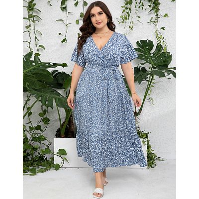 Women's Plus Size Maxi Dress Ruffle Dress Summer V Neck Dress