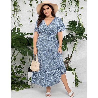 Women's Plus Size Maxi Dress Ruffle Dress Summer V Neck Dress