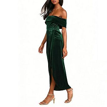 Women's Velvet Wrap Off The Shoulder Dresses High Slit Cocktail Party Midi Dresses