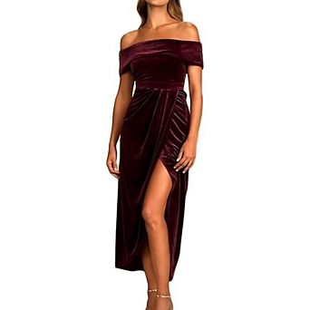 Women's Velvet Wrap Off The Shoulder Dresses High Slit Cocktail Party Midi Dresses