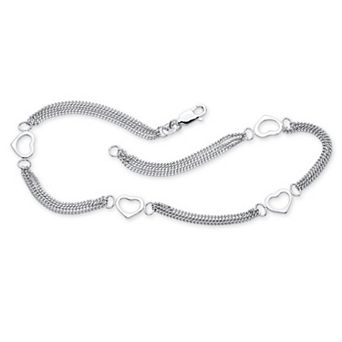 PalmBeach Jewelry Open Heart Cutout Triple-Strand Ankle Bracelet in .925 Sterling Silver 10"